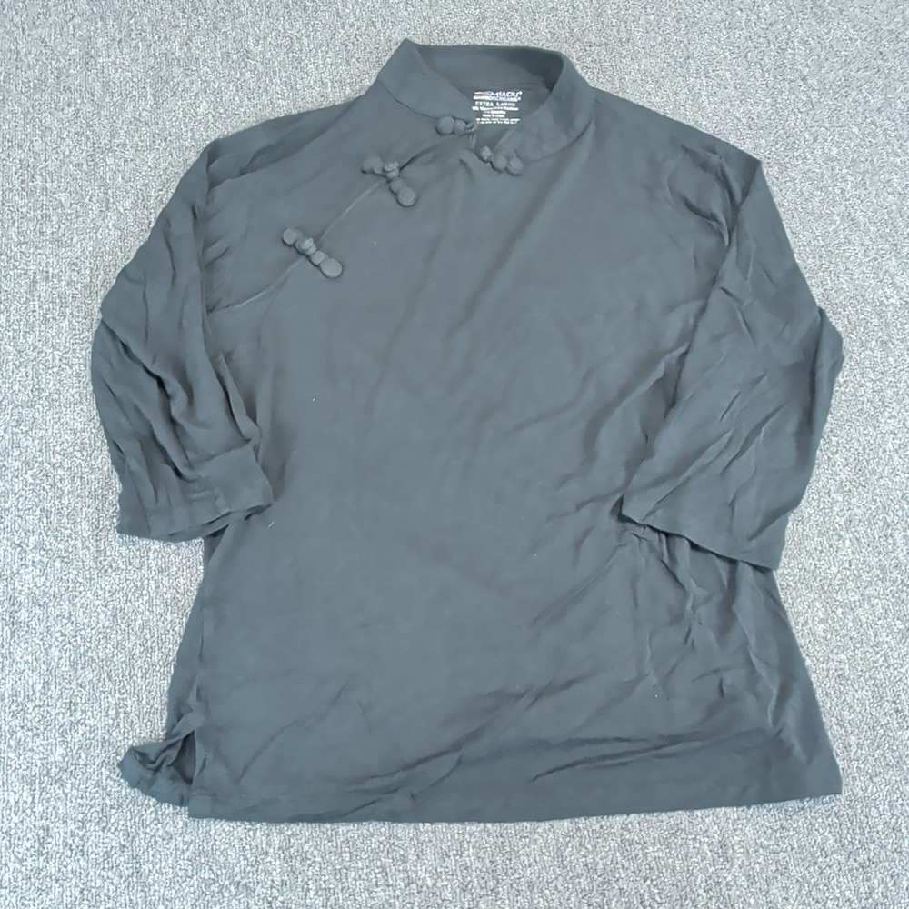 Dreamsacks Women Top XL Black Bamboo Viscose Frog Button Mandarin Collar 3/4 Slv